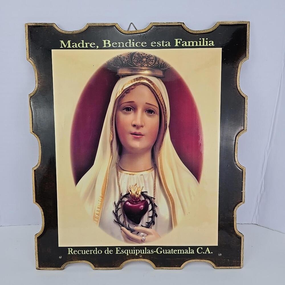 Vintage Catholic Virgin Mary Wall Plaque Wood Lacquered Guatemala 1990s 15"×13"
